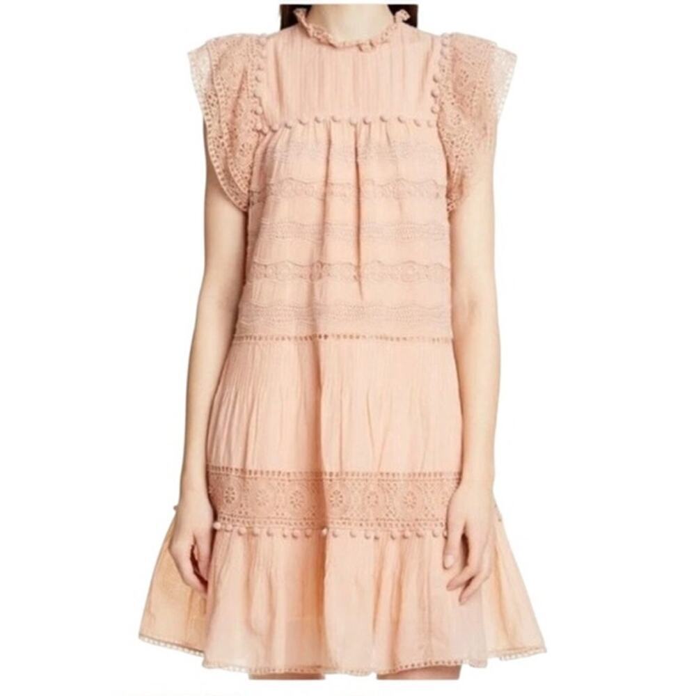 Ulla Johnson Nora Dress Size 6 Crochet Pom Poms Flutter Sleeve Light PInk /Peach